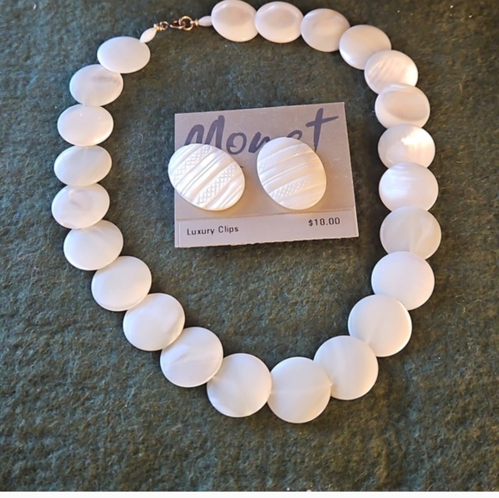 Monet White Clip Earrings and Necklace.